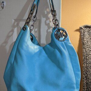 MICHAEL KORS FULTON SHOULDER HANDBAG AQUA MARINE LEATHER